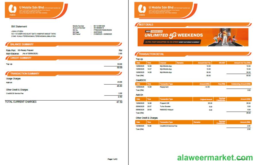 Malaysia U Mobile utility bill template in Word and PDF formats, 2 pages, version 2